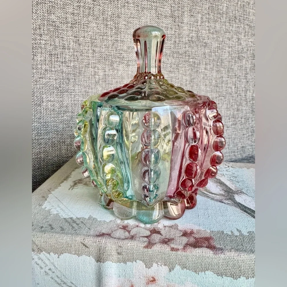 New Rainbow Fluted Knobby Glass Jewelry, Trinket, Candy Dish Decor w/ Lid - 4.5”